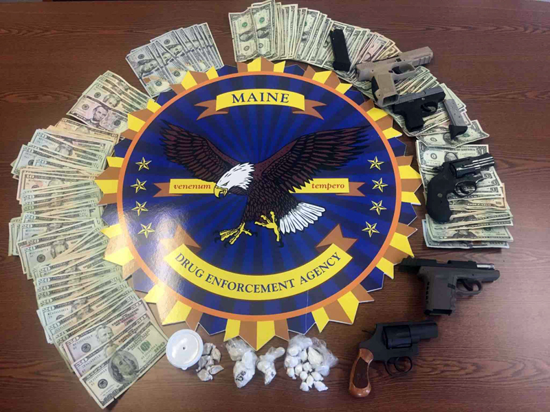 About $10,000 of crack cocaine and heroin, about $4,000 in cash, and five handguns were among the contraband seized during a drug bust in Augusta the morning of Tuesday, Dec. 20. Two Wiscasset women are among the 12 people who face charges in the investigation.
