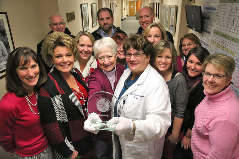 LincolnHealth hospital managers, clinical staff, and employees celebrate LincolnHealth's receipt of the Top Rural Hospital award from The Leapfrog Group on Thursday, Dec. 8.