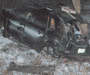 A 2008 Hyundai Tucson sustained extensive damage in a single-vehicle accident on Upper East Pond Road in Nobleboro the evening of Sunday, Jan. 8. (Alexander Violo photo)