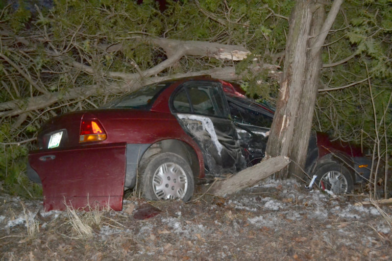 A Saturn crashed into trees the late afternoon of Sunday, Jan. 1 after hitting the patch of black ice on Route 32 in Waldoboro that caused an accident in the same location two days before. (Abigail Adams photo)