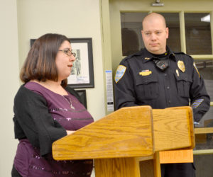 Ward Brook Road resident Holly Giles speaks in favor of a disorderly housing ordinance as Wiscasset Police Chief Jeff Lange looks on during a meeting of the Wiscasset Board of Selectmen on Tuesday, Jan. 3. (Abigail Adams photo)