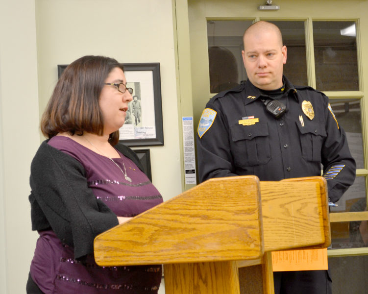 Ward Brook Road resident Holly Giles speaks in favor of a disorderly housing ordinance as Wiscasset Police Chief Jeff Lange looks on during a meeting of the Wiscasset Board of Selectmen on Tuesday, Jan. 3. (Abigail Adams photo)