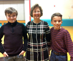Alden Hunold (right), a sixth-grader at NCS, won the school geography bee on Jan. 25. Pictured with him are runner-up Isaac Powell and NCS Principal Ann Hassett.