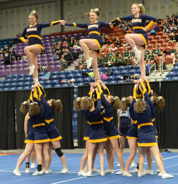 Medomak Valley cheerleaders show off their winning form at the South Class B Regional championships. (Paula Roberts photo)