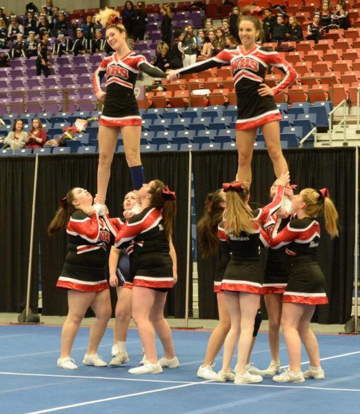 Wiscasset cheerleaders placed fifth at the South Class C Regional championships to qualify for States. (Paula Roberts photo)