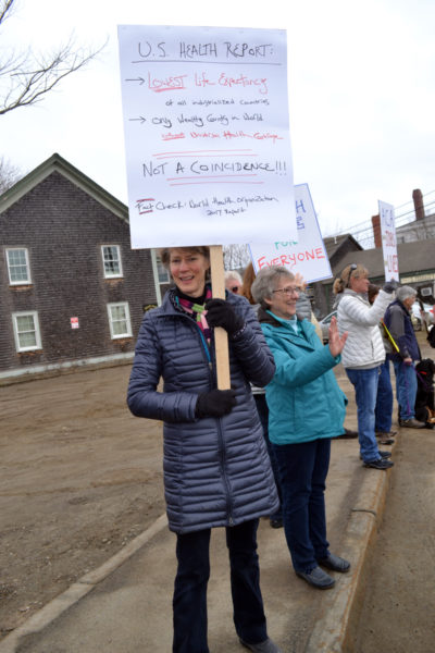 Newcastle resident Kathleen Hogan was one of about 180 people to turn out for a protest focusing on health care issues in the Twin Villages on Saturday, Feb. 25. (Abigail Adams photo)