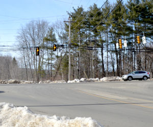 The intersection of Main Street and Biscay Road in Damariscotta. The Damariscotta Board of Selectmen recently expressed concerns about the impact a potential development at the intersection could have on traffic safety. (Maia Zewert photo)