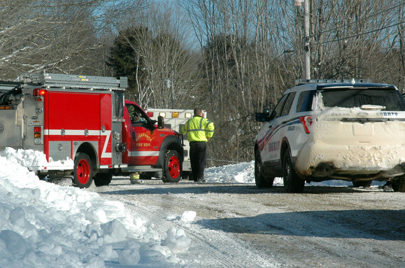 Ambulance, fire, and law enforcement personnel respond to an accident on East Neck Road in Nobleboro the morning of Tuesday, Feb. 14. (Alexander Violo photo)