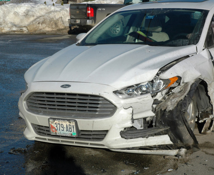 A Ford sedan and a Subaru station wagon were damaged in an accident at the intersection of Route 1 and East Pond Road in Nobleboro the afternoon of Monday, Feb. 20. No injuries were reported. (Alexander Violo photo)