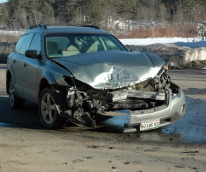 A Subaru station wagon was damaged in a three-car accident at the intersection of Route 1 and East Pond Road in Nobleboro the afternoon of Monday, Feb. 20. (Alexander Violo photo)