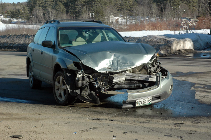 A Subaru station wagon was damaged in a three-car accident at the intersection of Route 1 and East Pond Road in Nobleboro the afternoon of Monday, Feb. 20. (Alexander Violo photo)