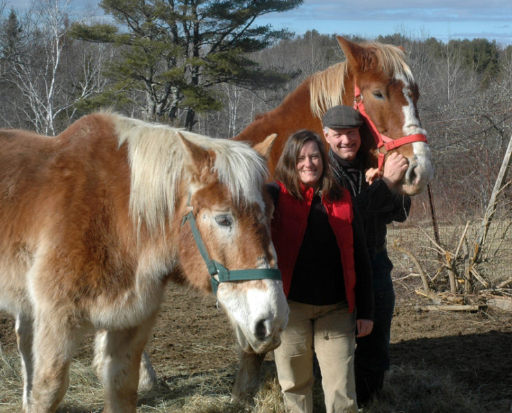 Allison Lakin and Neal Foley with their draft horses at East Forty Farm and Dairy on Friendship Road in Waldoboro. (Alexander Violo photo)