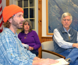 Kyle DePietro and Jeff Tarbox discuss their plans for a craft brewery during a meeting of the Westport Island Board of Selectmen at the town office Monday, Jan. 30. (Charlotte Boynton photo)