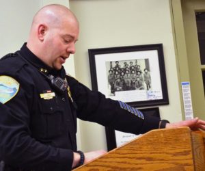 Wiscasset Police Chief Jeffrey Lange speaks to selectmen about granting the department's full-time officers the authority to make arrests outside of Wiscasset at the Tuesday, Feb. 14 board of selectmen meeting. (Abigail Adams photo)