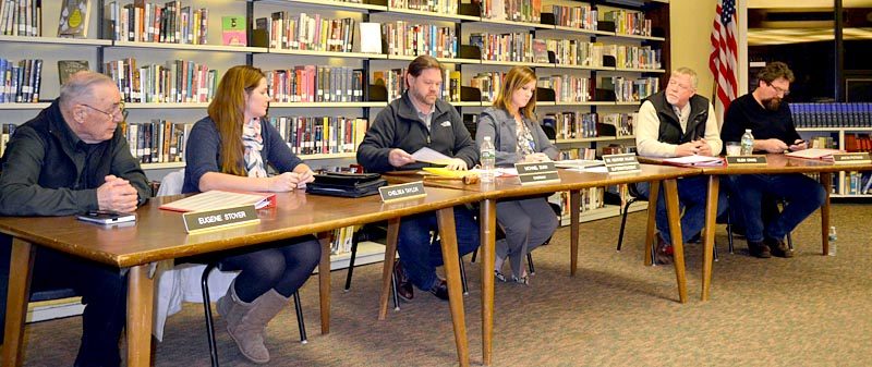 From left: Wiscasset School Committee members Eugene Stover and Chelsea Taylor, Chair Michael Dunn, Wiscasset School Department Superintendent Heather Wilmot, and committee members Glen Craig and Jason Putnam attend a committee meeting at Wiscasset Middle High School on Thursday, Jan. 26. (Abigail Adams photo)