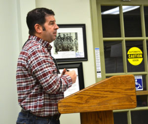 Wiscasset Parks and Recreation Director Todd Souza addresses the Wiscasset Board of Selectmen at the town office Tuesday, Feb. 21. (Abigail Adams photo)