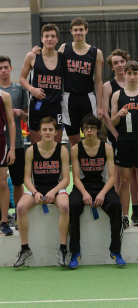 Lincoln Academy boys won the KVAC Class b boys 4x800 relay. Team members are (front from leftL Nolen Michael, Tiger Cumming, (back) Gus Hunt and Taylor Holmes. (Paula Roberts photo)