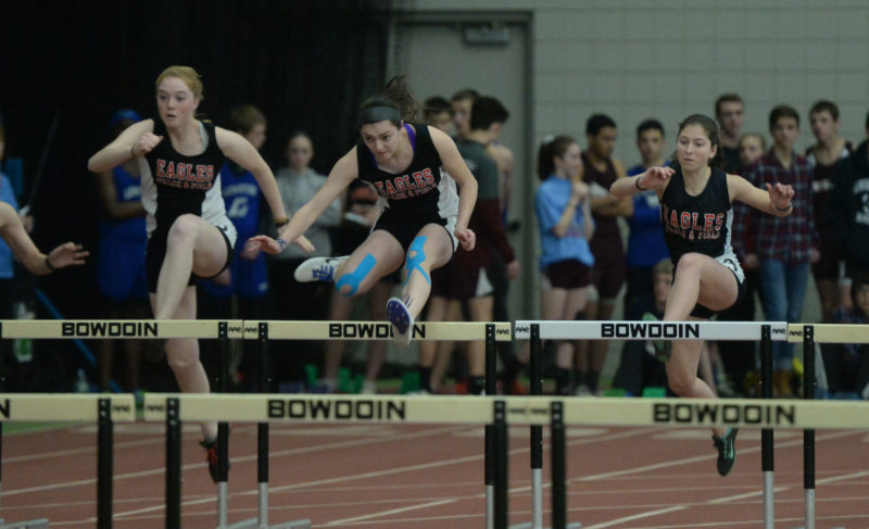 LIncoln Academy swept the top three spots in the KVAC 55 hurdles. Emily Harris (center) took first, Olivia Richmond second (left0 and Emma Allen third. (Paula Roberts photo)