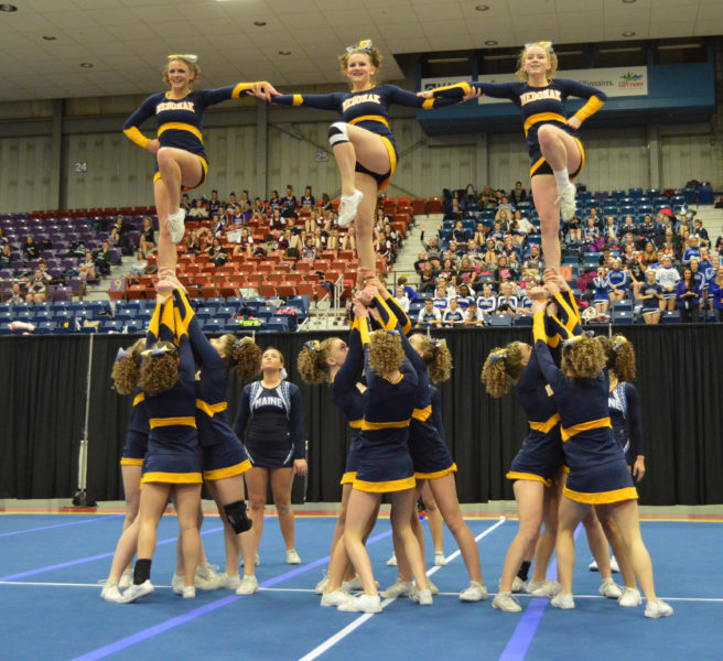 Medomak Valley cheerleaders perform at the State Class B cheering championships at the Augusta Civic Center on Feb. 11. (Carrie Reynolds photo)