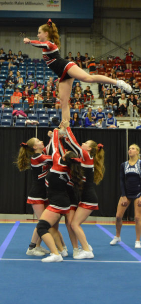 Wiscasset cheerleaders perform at the State Class C championships at the Augusta Civic Center on Feb. 11 (Carrie Reynolds photo)