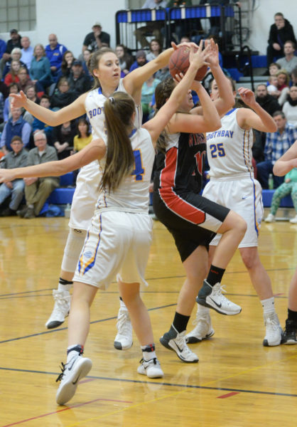 Boothbay's Page Brown blocks Lindsey Gordon. (Paula Roberts photo)