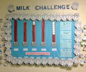 The Milk Challenge experiment involved students calculating number of cartons of leftover milk dumped each day from Monday-Thursday. On Friday, they made a challenge to the school to drink as much milk as they could.