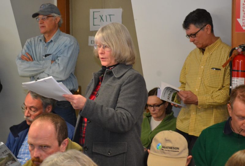 Alna Planning Board member Beth Whitney presents the consumer fireworks ordinance that has been in development for the past two years at the annual town meeting Saturday, March 18. (Abigail Adams photo)