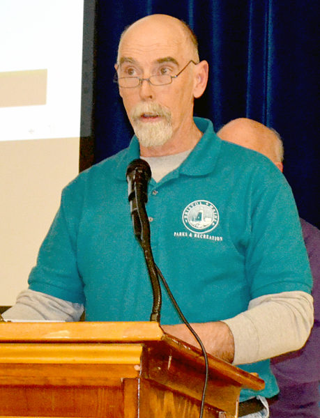 Bristol Parks and Recreation Commission Chair Clyde Pendleton Sr. talks about the parks director position during the annual town meeting at Bristol Consolidated School on Tuesday, March 21. (Maia Zewert photo)