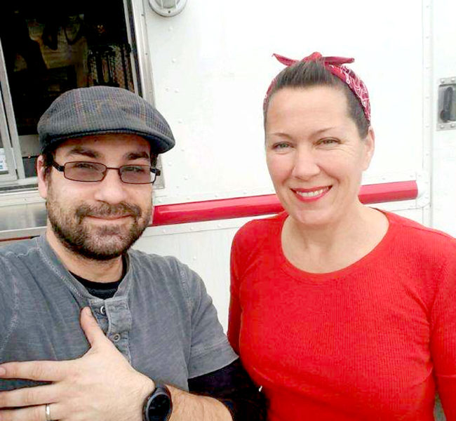 Damariscotta native Colin Frey and his wife, Dawn McKenna Frey, stand in front of their food truck, Burgers & Freys. The Freys, of Gardiner, will visit Damariscotta with the truck Saturday, March 18. (Photo courtesy Colin Frey)