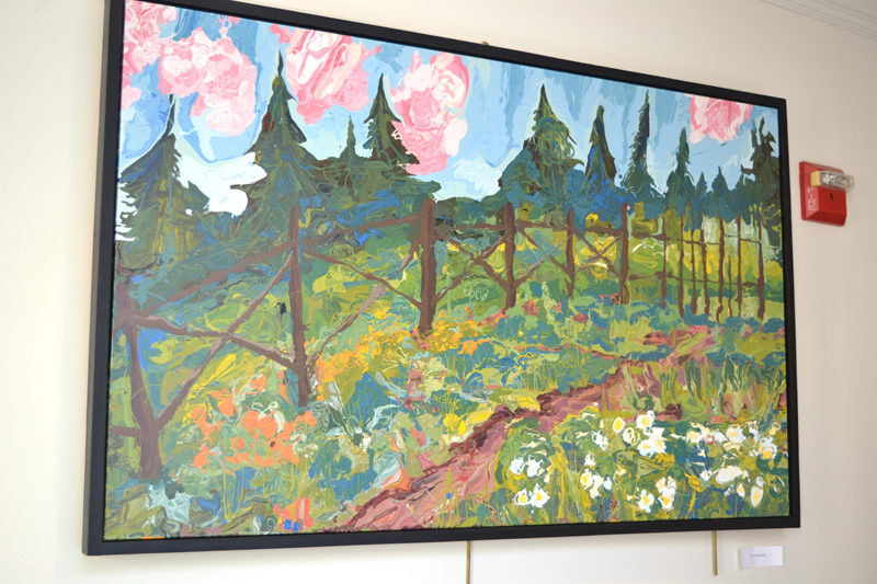 "In the Garden" is one of a number of large landscape paintings by Belfast artist Jon Byrer on display in The Carey Gallery at Skidompha Public Library in Damariscotta. (Christine LaPado-Breglia photo)