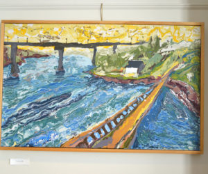 "Belfast Bridges" is one of the paintings in Jon Byrer's exhibit on the walls of The Carey Gallery at Skidompha Public Library through Sunday, April 30. (Christine LaPado-Breglia photo)