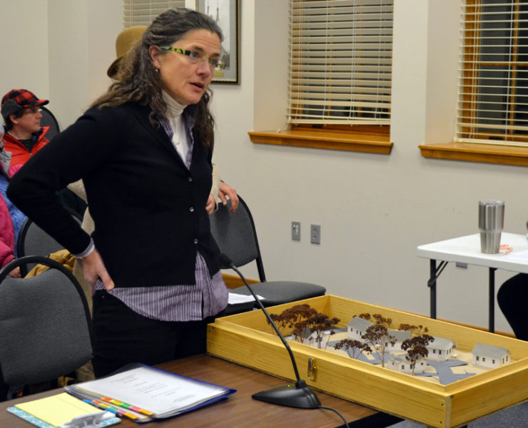 Stepping Stone Housing Inc. Executive Director Marilee Harris discusses  the nonprofit's plans for the Blue Haven property using a scale model during the Damariscotta Planning Board meeting Monday, March 6. (Maia Zewert photo)