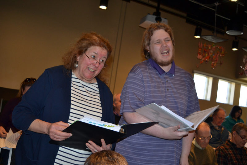 Zora Margolis, who plays Mrs. Brill, and Ben Proctor, who plays multiple parts, belt out a tune at a recent run-through of Lincoln County Community Theater's "Mary Poppins," which opens at Lincoln Theater in Damariscotta on Friday, March 17. (Christine LaPado-Breglia photo)