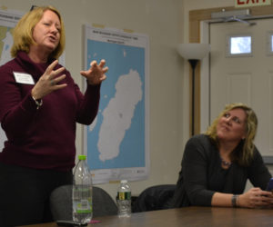 From left: Kris Folsom, marketing and communications director for Coastal Maine Botanical Gardens in Boothbay, discusses the importance of branding as Dream Local Digital founder and Client Success Officer Shannon Kinney looks on. (Maia Zewert photo)