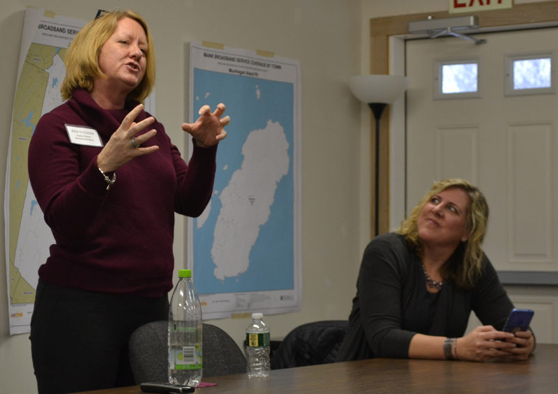 From left: Kris Folsom, marketing and communications director for Coastal Maine Botanical Gardens in Boothbay, discusses the importance of branding as Dream Local Digital founder and Client Success Officer Shannon Kinney looks on. (Maia Zewert photo)