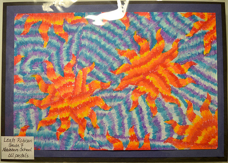 Nobleboro Central School seventh-grader Leah Robison created this striking piece using oil pastels. If one views it wearing 3-D glasses, the sun shapes really "pop!" (Christine LaPado-Breglia photo)