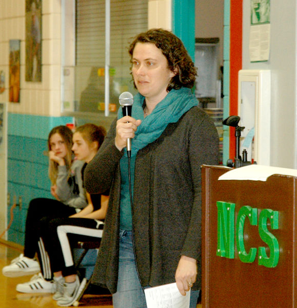 Nobleboro School Committee Chair Hilary Peterson discusses the education budget during the annual town meeting Saturday, March 18. (Alexander Violo photo)