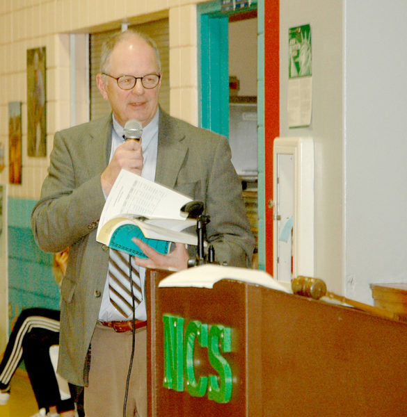 AOS 93 Superintendent Steve Bailey answers questions about the education budget during Nobleboro's annual town meeting at Nobleboro Central School on Saturday, March 18. (Alexander Violo photo)