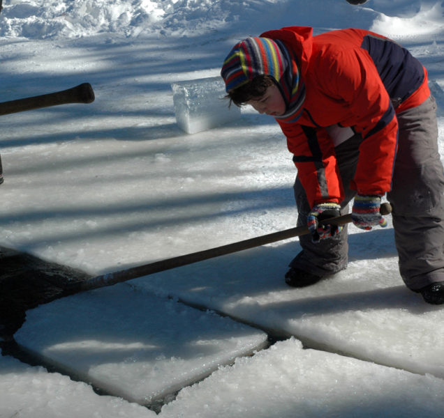 Ethan Miranda, 9, of Edgecomb, guides a block of ice along the channel during the annual ice harvest at the Thompson Ice House in South Bristol in 2016. (Maia Zewert photo)