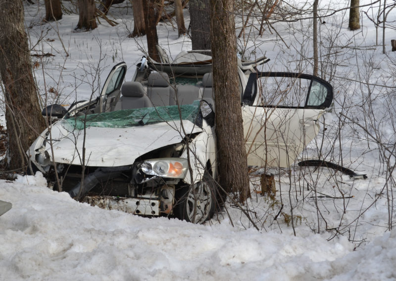 Extrication was needed to remove the driver involved in a single-vehicle accident on Route 32 in Waldboro the morning of Saturday, March 25. (Abigail Adams photo)