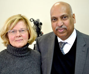 Jeanette Wheeler and Dr. Punyamurtula Kishore at the National Library of Health and Healing in Waldboro on Feb. 8. Kishore established the library with Wheeler's support. (Abigail Adams photo)