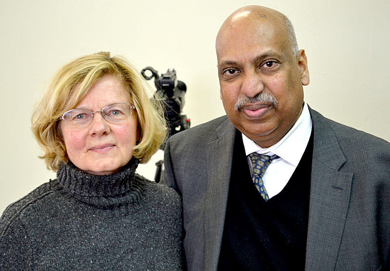 Jeanette Wheeler and Dr. Punyamurtula Kishore at the National Library of Health and Healing in Waldboro on Feb. 8. Kishore established the library with Wheeler's support. (Abigail Adams photo)