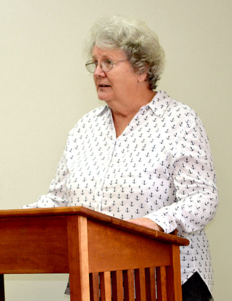 Waldoboro Selectman Katherine Winchenbach addresses a crowd in attendance for a lecture about fentanyl at the National Library of Health and Healing in Waldoboro on Feb. 8. (Abigail Adams photo)