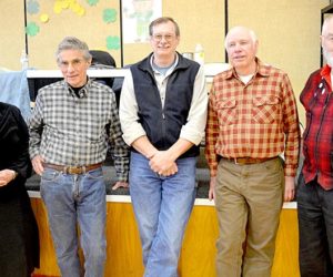 The Whitefield Board of Selectmen attends the annual town meeting Saturday, March 18. From left: Sue McKeen, Tony Marple, Lester Sheaffer, Dennis Merrill, and Frank Ober. (Maia Zewert photo)