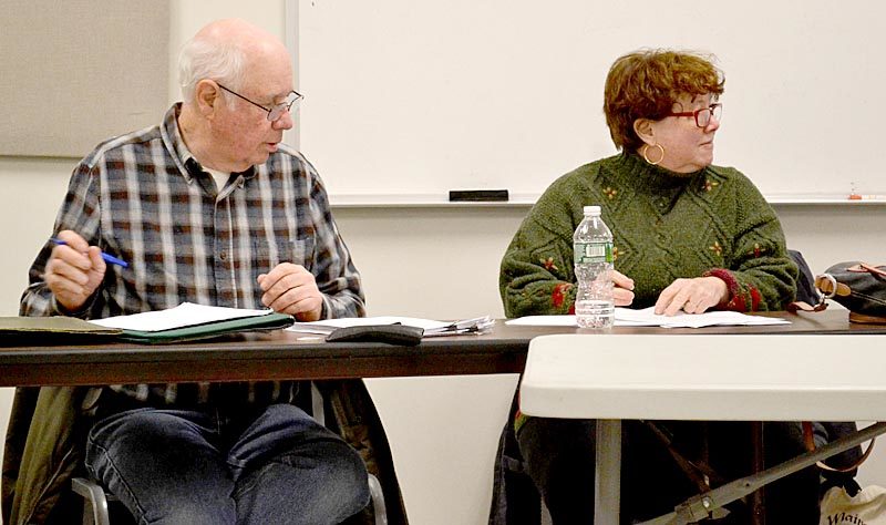 Dennis Merrill and Sue McKeen attend one of their last meetings of the Whitefield Board of Selectmen on Feb. 28. (Abigail Adams photo)