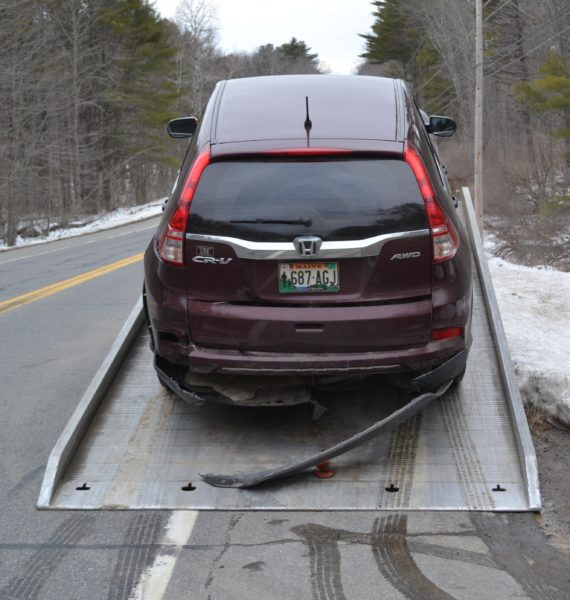 A Honda CR-V is towed from the scene of a rear-end collision on Route 27 in Wiscasset the early evening of Tuesday, March 21. (Abigail Adams photo)