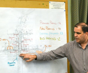 Maine Department of Transportation Project Manager Ernie Martin reviews the parking proposal for Wiscasset's downtown traffic project with the Wiscasset Public Advisory Committee on Monday, Feb. 27. (Abigail Adams photo)