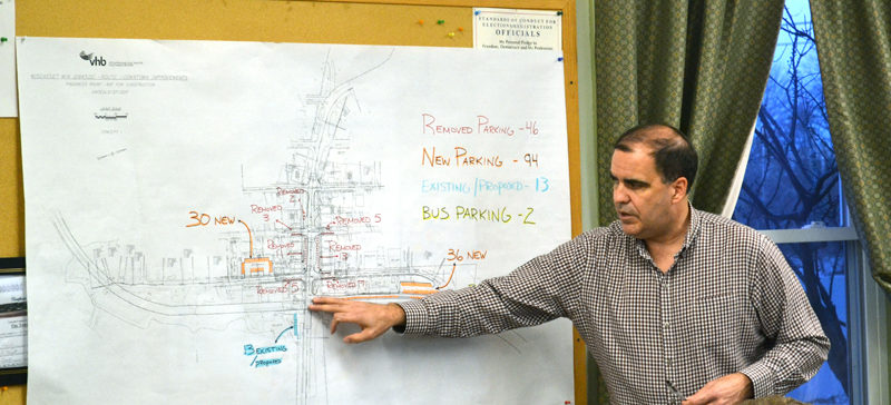 Maine Department of Transportation Project Manager Ernie Martin reviews the parking proposal for Wiscasset's downtown traffic project with the Wiscasset Public Advisory Committee on Monday, Feb. 27. (Abigail Adams photo)