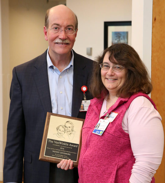 LincolnHealth President Jim Donovan recognized Wendy Dinsmores dedication and hard work in October 2016 when she received the Webster and Elise Van Winkle Excellence in Health Care Award.