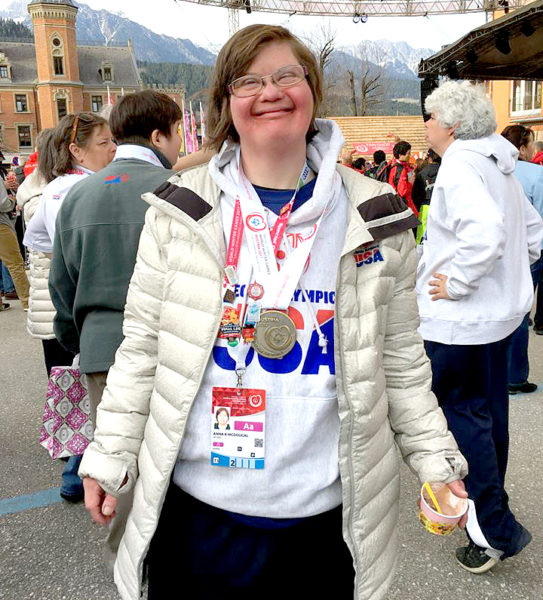 Anna McDougal of Wiscasset won the bronze in Alpine Novice Giant Slalom in her division at the Special Olympics World Games in Austria. (Special Olympics Maine photo)